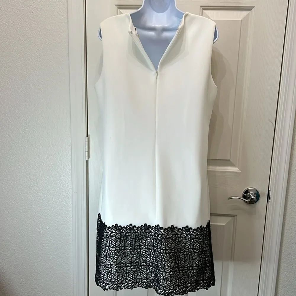Calvin Klein White & Black Sleeveless Dress Scoop Neck Lace Accent Sz 12 Stretch - Picture 6 of 11